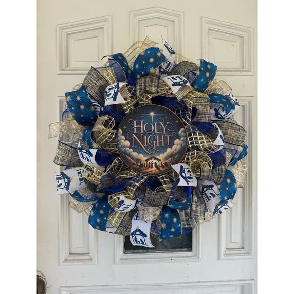 Holy Night Nativity Wreath Christmas Door Decor | Blue and Gold Holiday Wreath - Picture 1 of 9